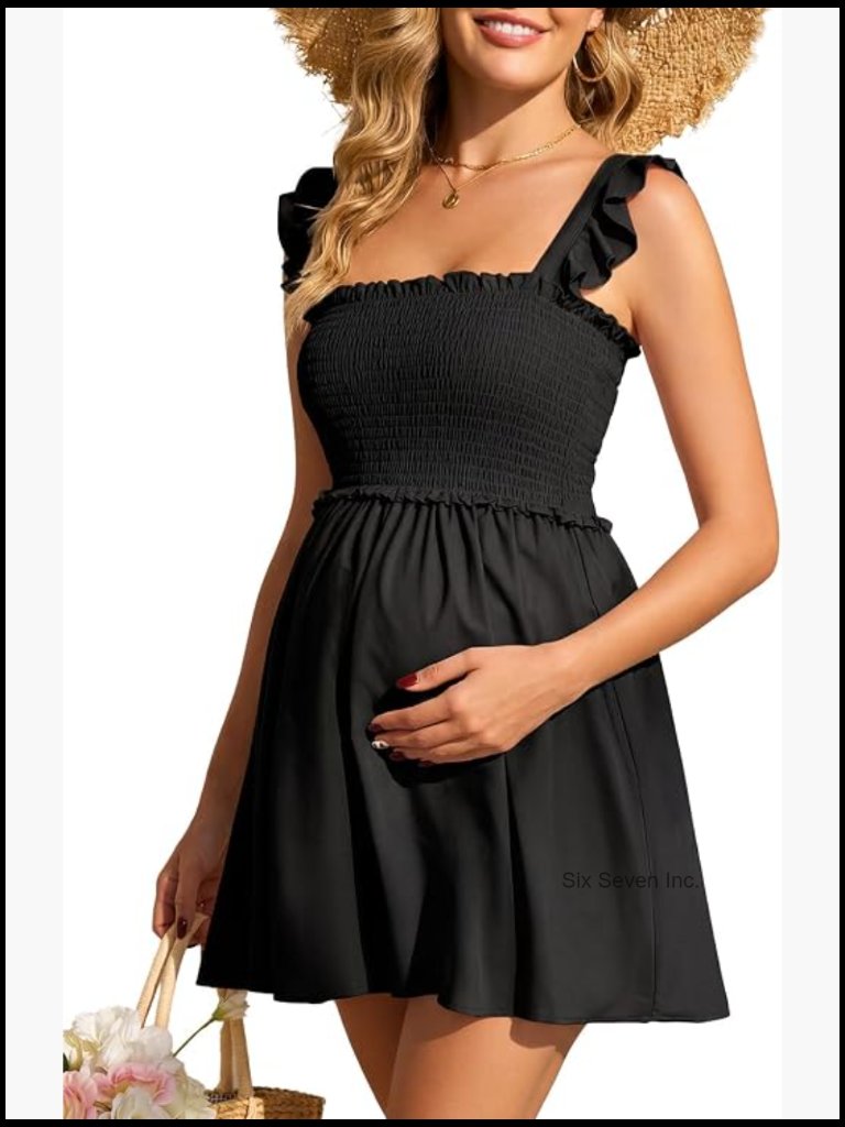 Maternity Swim Dress One Piece With Built-In Pockets Ruched A-Line